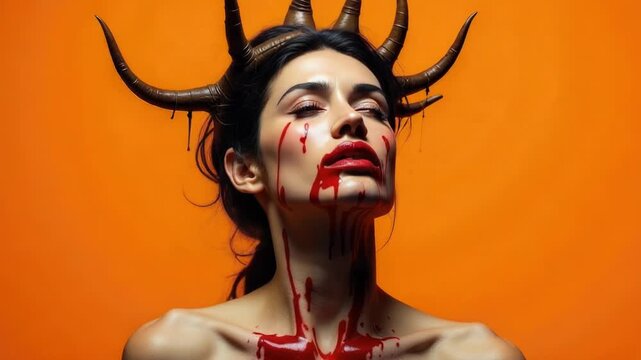 A woman with demonic horns and blood on her face