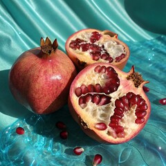 Two Pomegranates with Seeds and Teal Iridescent Background