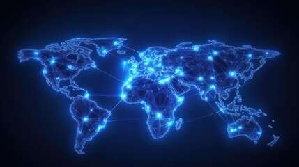 Global network map, glowing blue lines connecting world map points