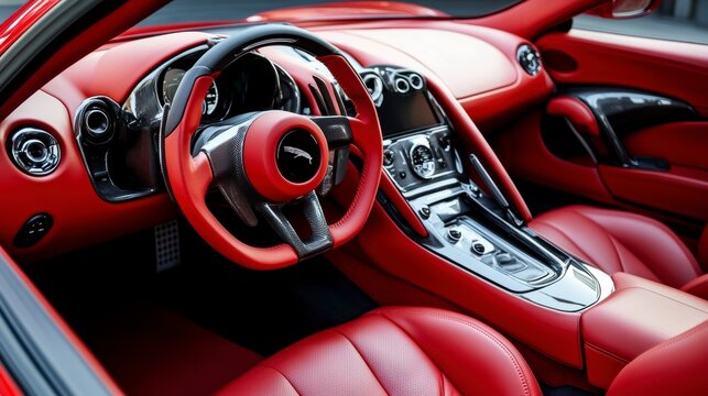 Red luxury sports car interior steering wheel, seats, dashboard.