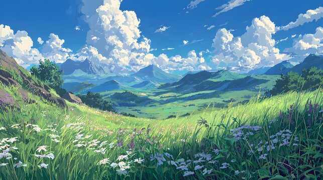 Vibrant green valley under a sky of fluffy white clouds