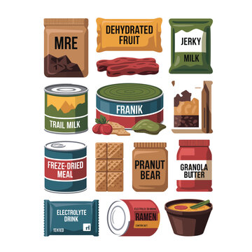 Black and white vector illustration bundle of survival food types including MRE dehydrated fruit jerky trail mix and canned beans