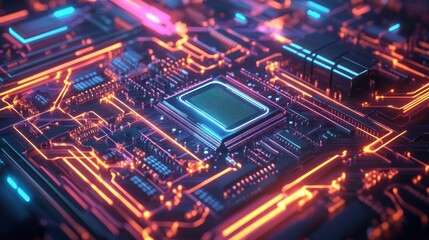 Obraz premium Close-up of a glowing circuit board with a central processor