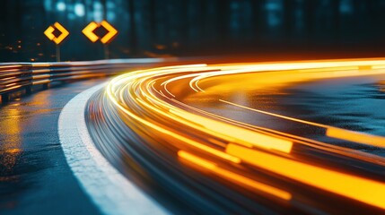Night road curves, wet asphalt, light trails