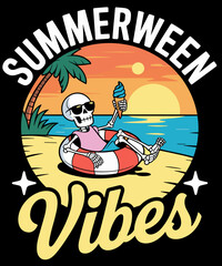 Naklejka premium Funny Summerween Vibes Skeleton Pumpkin Spooky Vacation