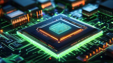 Fototapeta premium Close-up of a glowing computer chip on a circuit board