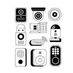 Home security gadgets vector bundle with smart camera, doorbell, window sensor, motion detector, alarm, lock, and panic button