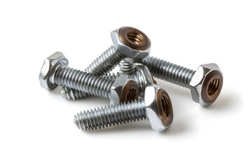 Ultra realistic close-up of scattered metal screws for construction and engineering design