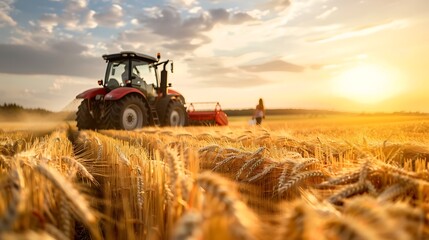 Fototapeta premium Red tractor harvesting wheat field at sunset agriculture farming rural scene golden hour farm equipment machinery
