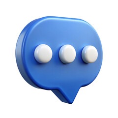 3D Smooth Blue Speech Bubble Icon with Three White Dots – Typing Indicator and Ongoing Conversation Symbol Isolated on Transparent Background