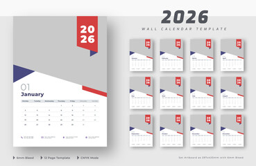 2026 wall calendar 12-page template | Editable monthly wall calendar planner layout | Week starts on Monday
