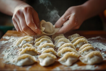 Cozy kitchen setting with handmade dumplings on flour dust board