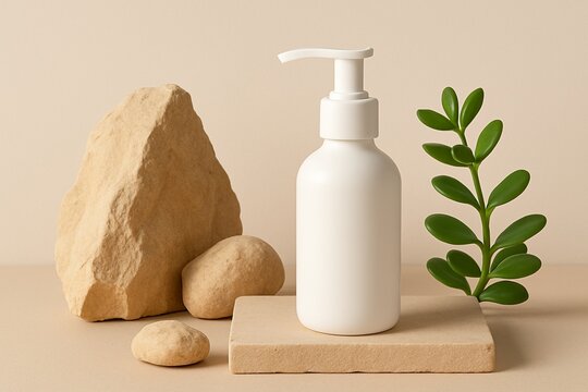 A minimalistic white plastic pump bottle stands on a stone platform, surrounded by smooth rocks and greenery, evoking calm and nature. This AI-generated image blends purity with elegance.