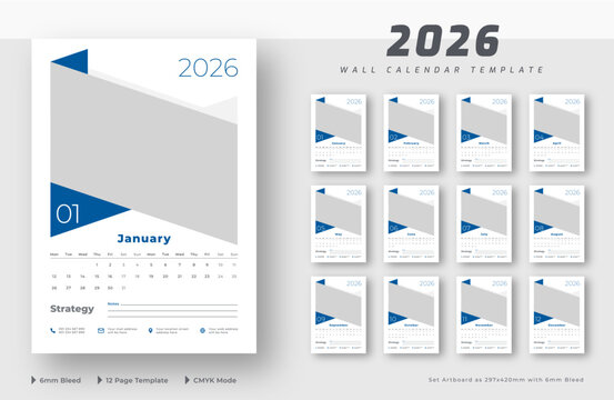 2026 wall calendar 12-page template | Editable monthly wall calendar planner layout | Week starts on Monday