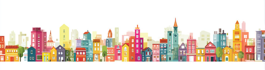 Colorful Cartoon Cityscape Illustration Vibrant Urban Scene with Diverse Buildings and Architectural Styles Cheerful and Playful Design