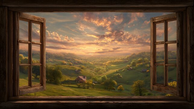 Open window view of a vibrant sunset over rolling hills