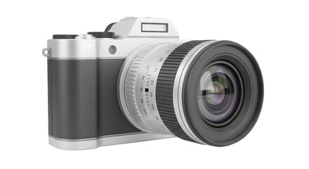 Detailed view of a gray and white digital camera with lens markings.