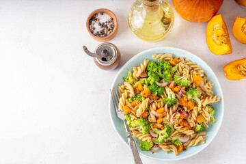 Pumpkin and broccoli vegan warm pasta salad