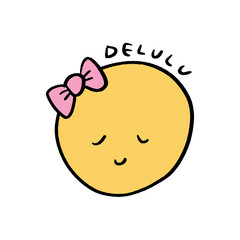 Cute emoji with pink bow, cheerful expression delulu character vector clipart