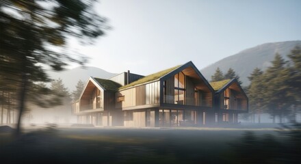 Modern home surrounded by a serene, foggy forest landscape, blending architecture and nature. It's a peaceful retreat set against a backdrop of mountains and trees. 