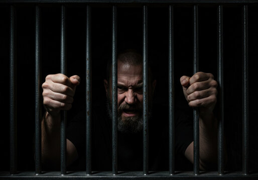 Man in jail, holding fist.