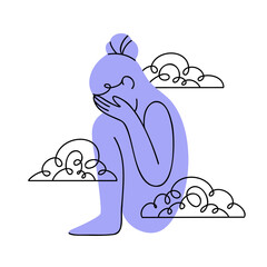 Minimalist drawing of a sad woman sitting and crying, surrounded by dark thoughts. Flat vector illustration of despression, mental disorder, psychology concept for advert, web, print, or social media.