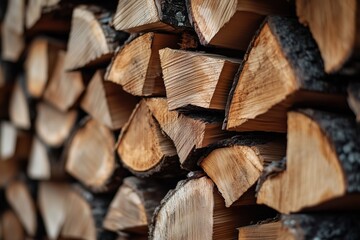 Fototapeta premium Close-up view of a neatly stacked pile of split firewood, highlighting the texture and natural wood grain. Rustic, warm, and detailed image perfect for seasonal, rural, or eco-friendly themes.