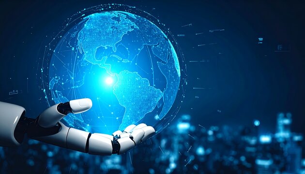 Robotic Hand Reaching Towards a Glowing Digital Globe Representing Global Connectivity