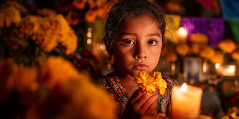 Fototapeta premium Little Mexican girl placing flowers on a Day of the Dead altar, blurred background