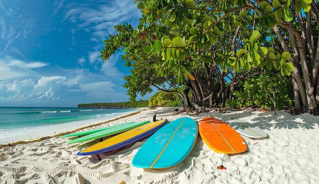 Surfboards, many different surf boards on white sand beach near ocean