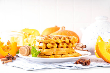 Autumn breakfast dessert, pumpkin waffle