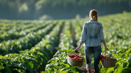 Woman harvesting fresh organic strawberries at farm field agriculture healthy food strawberry picking concept