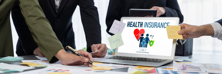 Analyst team use sticky note for creative and analytic brainstorm for business idea with BI data dashboard on laptop screen. Analysis financial data visualization tech for marketing strategy. Prodigy