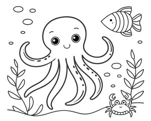 Happy octopus floats with smiling crab and fish in a whimsical undersea scene