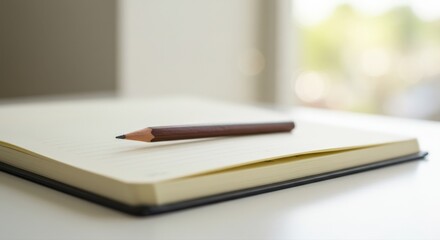 Close-up of an elegant black notebook with lined cream pages resting on a white desk, accompanied by a sharpened dark wood pencil, soft natural light illuminating the scene with blurred background