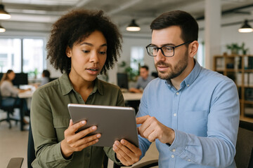 people looking at a tablet.
