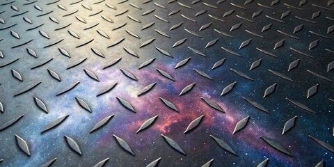 Metal plate texture with a cosmic galaxy background, creating a unique and abstract design with an industrial and celestial feel