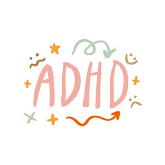 ADHD Awareness Brain with Thoughts Tears and Distress Mental Psychology Lettering Vector Clip-art 