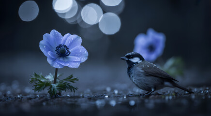 Serene Encounter: A delicate blue flower stands in harmonious companionship with a tiny bird in a close-up shot.