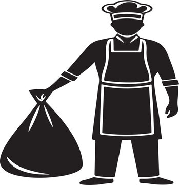 Chef holding a garbage bag icon on white background cook trash