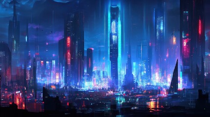 Obraz premium Neon-lit futuristic city skyline at night. Vivid colors and towering structures