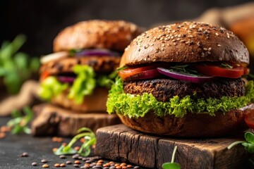 Two delicious veggie burgers with lettuce, tomato, and onion on seeded buns, served on rustic wooden boards with fresh herbs