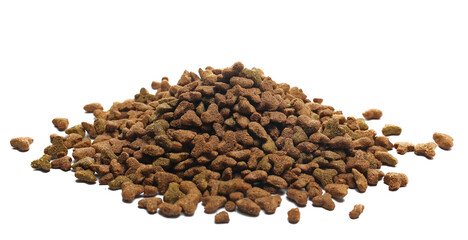Pile dry cat food  isolated on white background, side view	