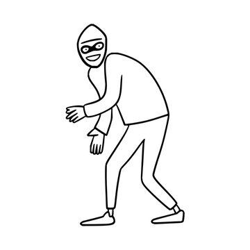 recommend clip art: Outline drawing of a sneaky thief robber criminal burglar wearing a mask and gloves committing a crime act