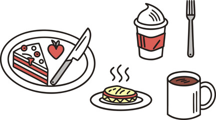 A delightful assortment of breakfast and dessert items including a slice of cake a sandwich coffee and a takeaway drink presented in a clean illustrative style