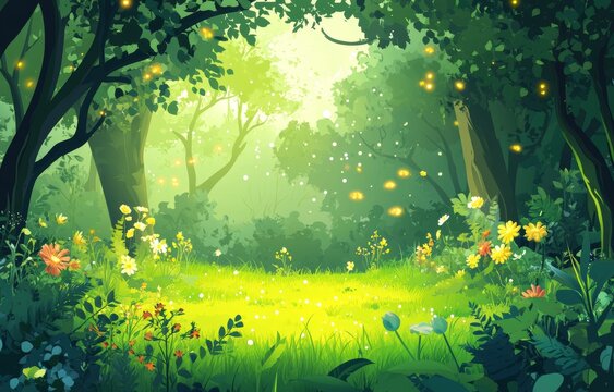 Cartoon-style modern illustration featuring a forest landscape complete with trees and grass