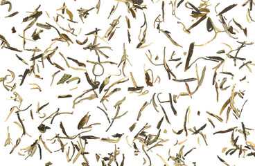 Yellow tea (Camellia sinensis ), dry leaves flying isolated on white background and texture, clipping path