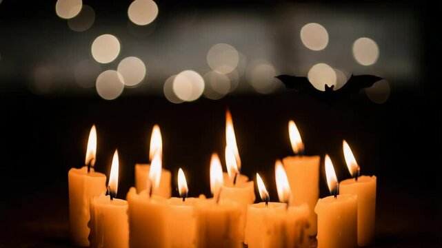 Lit candles and bats. Mysterious and mystical atmosphere of Halloween.