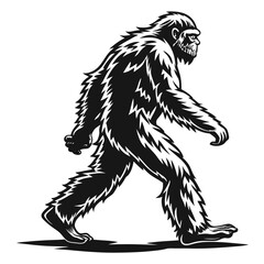 Bigfoot walking silhouette isolated on white background