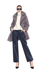 Stylish woman in a modern street style outfit, wearing a trench coat, turtleneck, and sunglasses. Vector art.